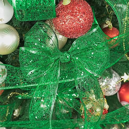 Miniatura 5 de MEEDEE Cinta de malla de alambre verde con purpurina y cinta de Navidad verde brillante de 2.5 pulgadas, cinta verde esmeralda para decoración de