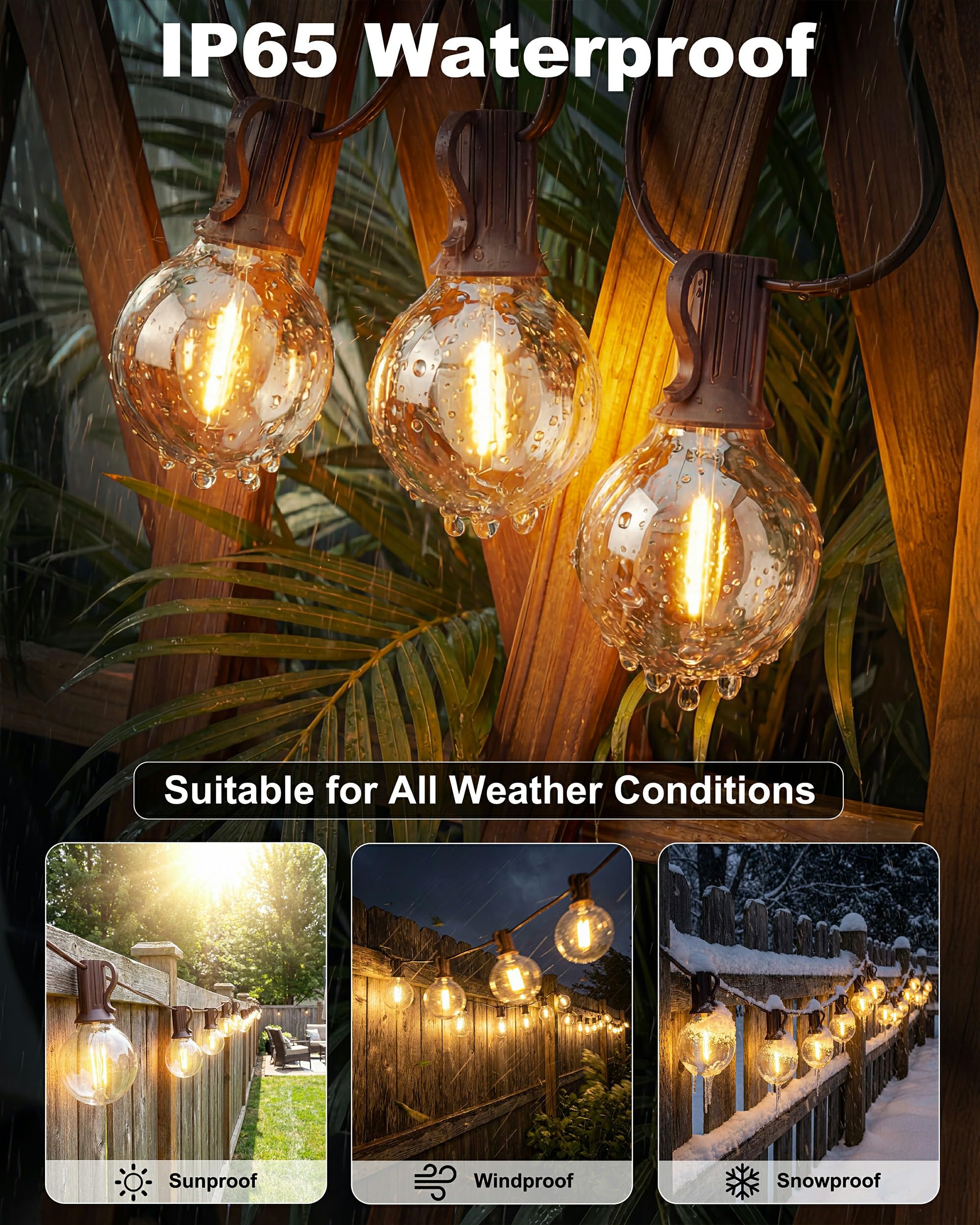 Lichterkette Außen 36M, Dimmbar G40 LED Lichterkette Strom | 50+2 G40 Glühbirnen, IP65 Wasserdichte, Bruchsicher, Anschließbar 2700K LED Strom für Balkon, Garten, Terrasse, Hochzeiten