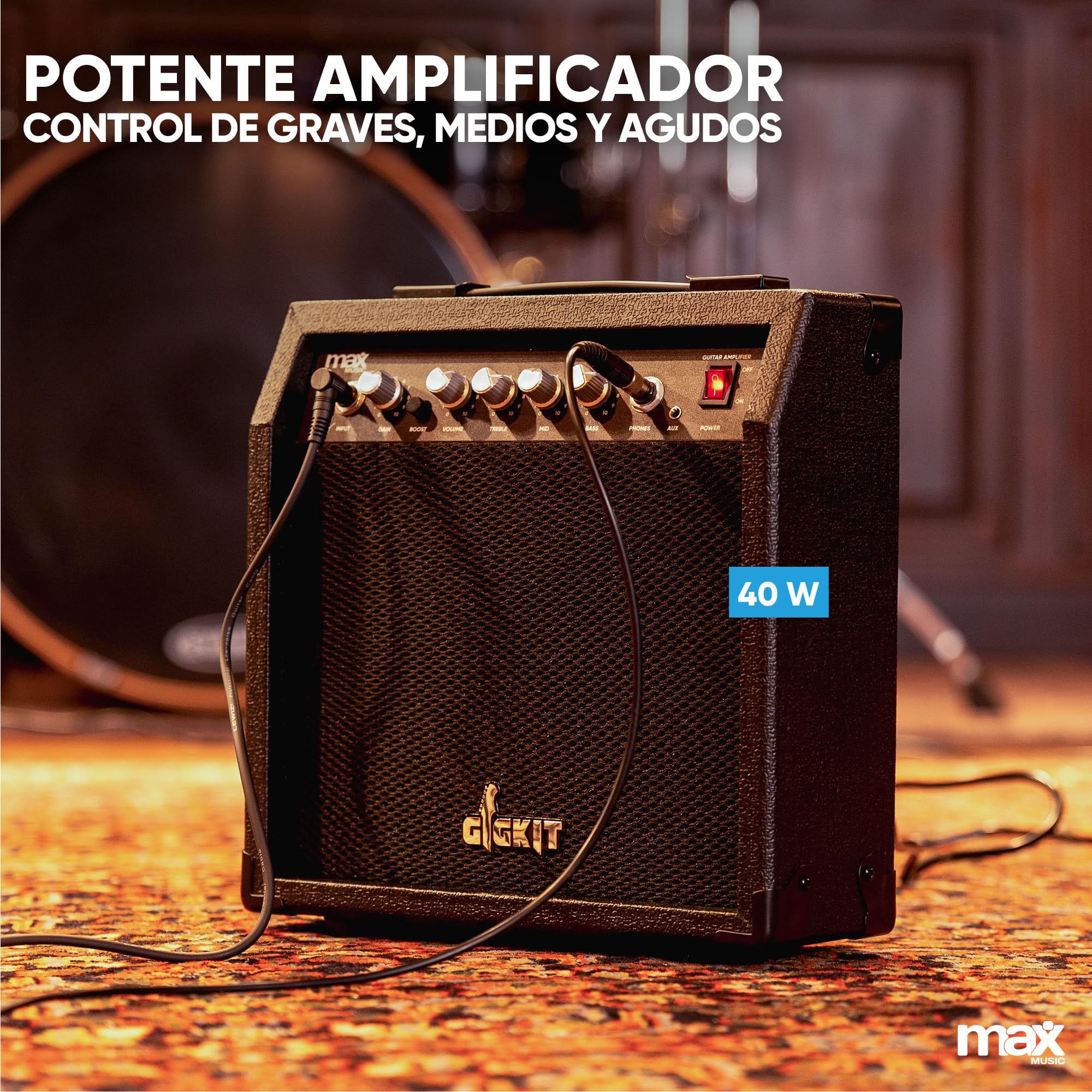MAX GIGKit Amplificador de 40 W para guitarras eléctricas y bajos eléctricos - Tono ajustable, asa de transporte, salida de auriculares, entrada AUX, ideal para guitarristas en casa y pequeños shows