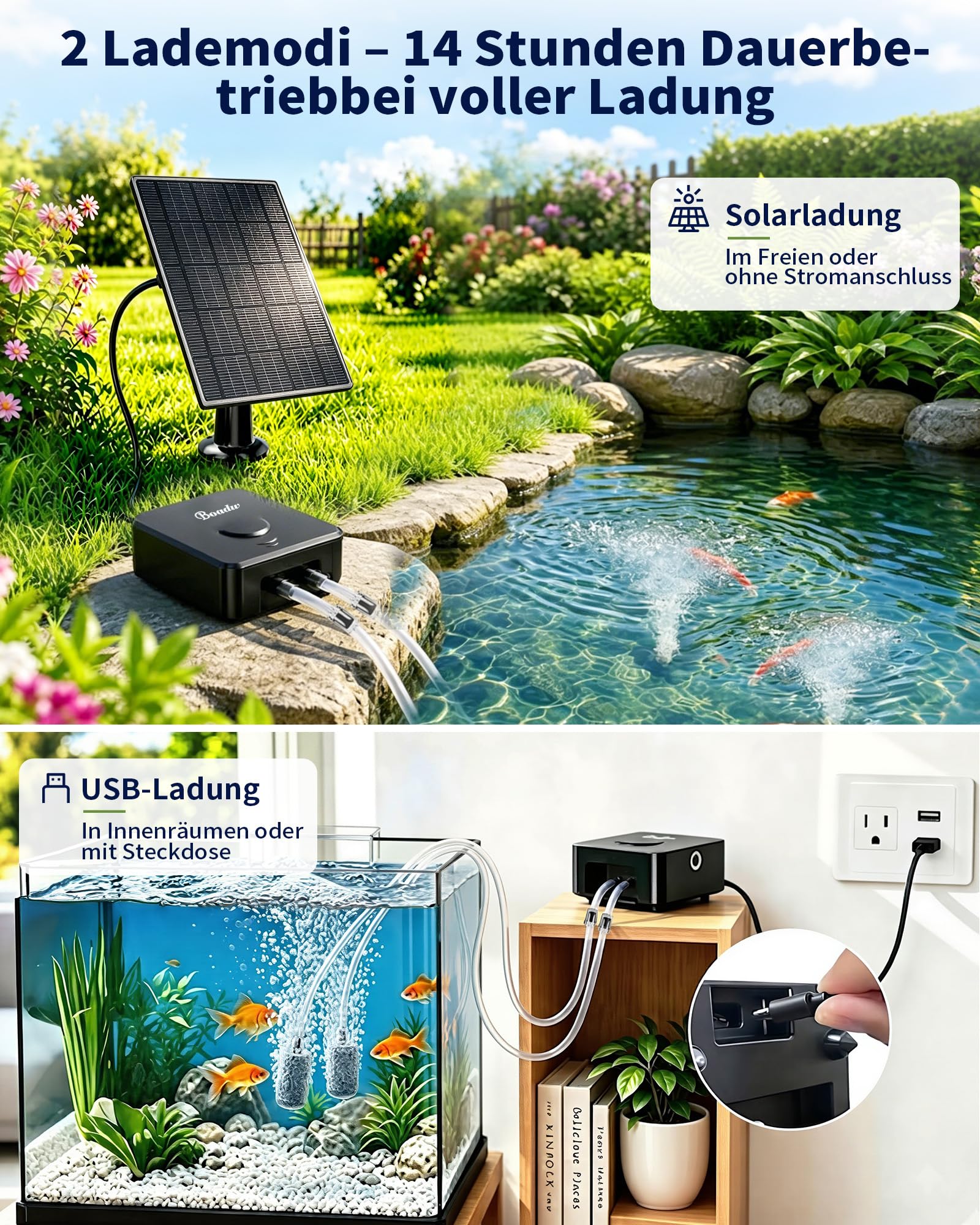 3W Solar Teichbelüfter mit 2200 mAh Akku, Belüftungssets für gartenteiche mit Solarpanel, Sauerstoffpumpe Teich Winterfrostschutz 2 Luftsteine für Garten und Angeln an Bewölkten Tagen