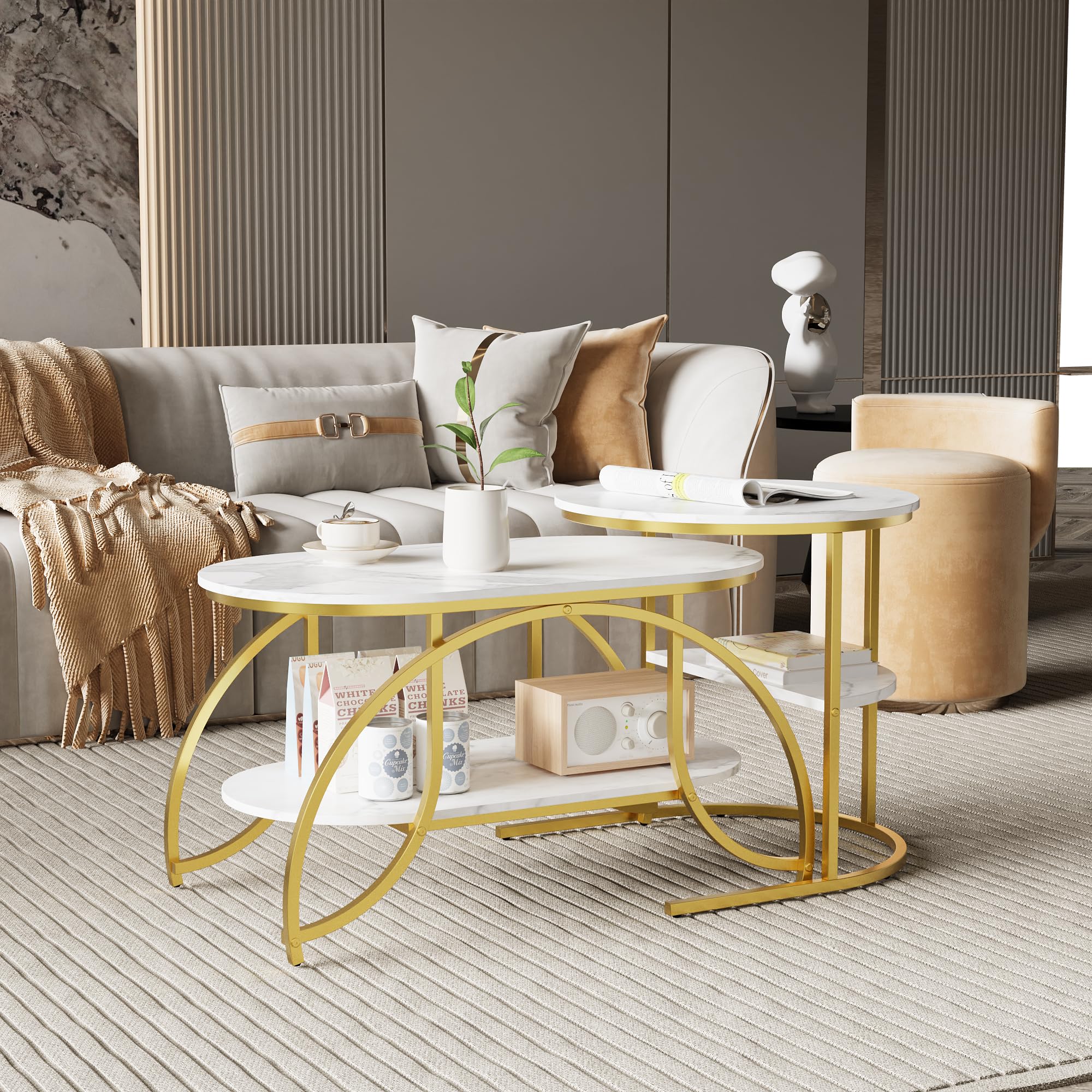 Set di 2 tavolini rotondi e ovali, con vano portaoggetti, effetto marmo, telaio in metallo, tavolo da salotto, tavolino da caffè, bianco e oro