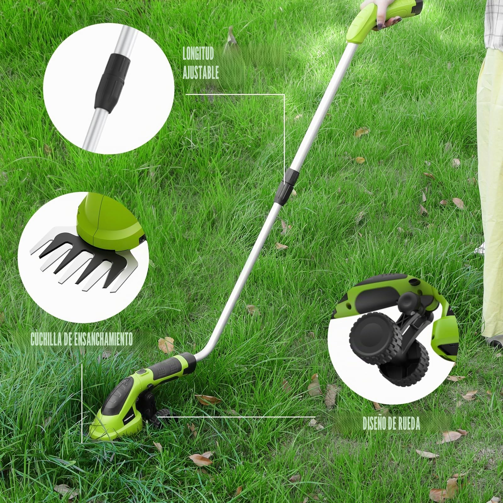 2 en 1 Tijera Cortacésped y Arreglasetos, FOONNUN Tijeras de Césped y Arbustos 7,2 V, Mango Giratorio de 180 °, Tijeras para Césped con Mango Telescópico y Ruedas, para Podar Césped, Arbustos y Setos