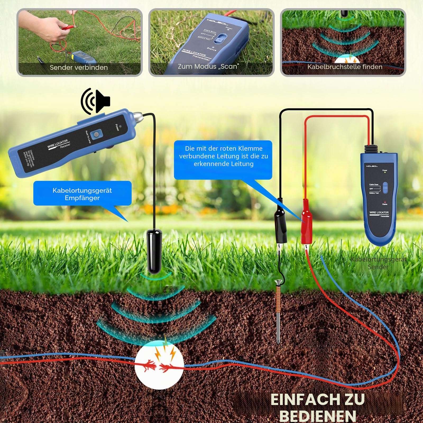 Erdkabel-suchgerät, Kabeltester F02 Pro für Kabelsuchgerät Locate Control Drähte Kabel Haustierzaunkabel, bis zu 3 Meter tief 2000 Meter Länge, Ausgestattet mit wiederaufladbaren Batterie