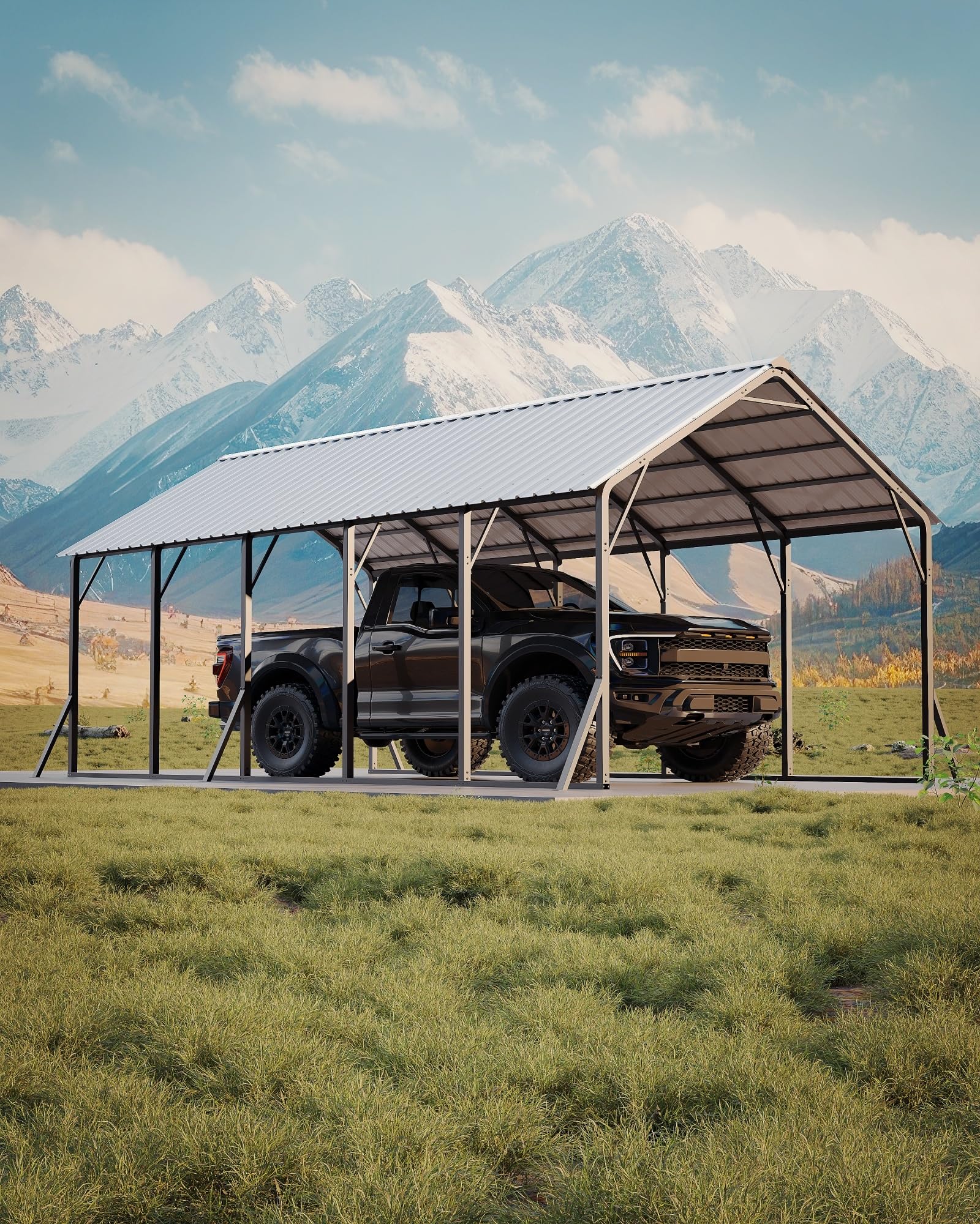 Garvee 13x26 ft Metal Carport Kit, 120° Steep-Pitch Vertical Roof for Snow Shedding, 133" High-Clearance RV &amp; Boat Shelter, Heavy-Duty Long-Reach Car Port with Reinforced Frame