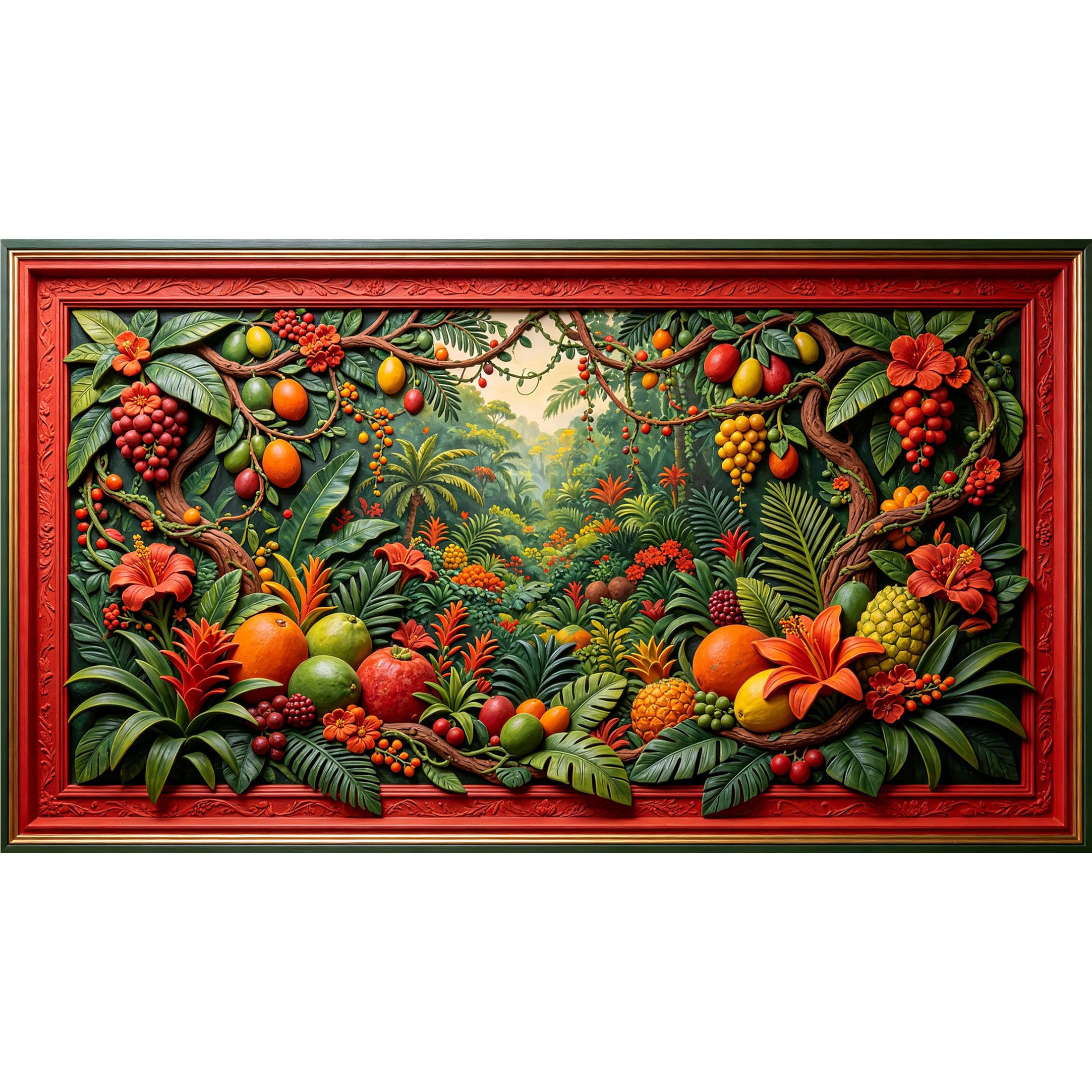 QZLITHOTIC 50×90cm3D Framed Wall Art， Tropical Jungle Fruit Botanical Mural， Water?Activated Peel & Stick Fabric Decor Wall Decal for Bedroom Living Room