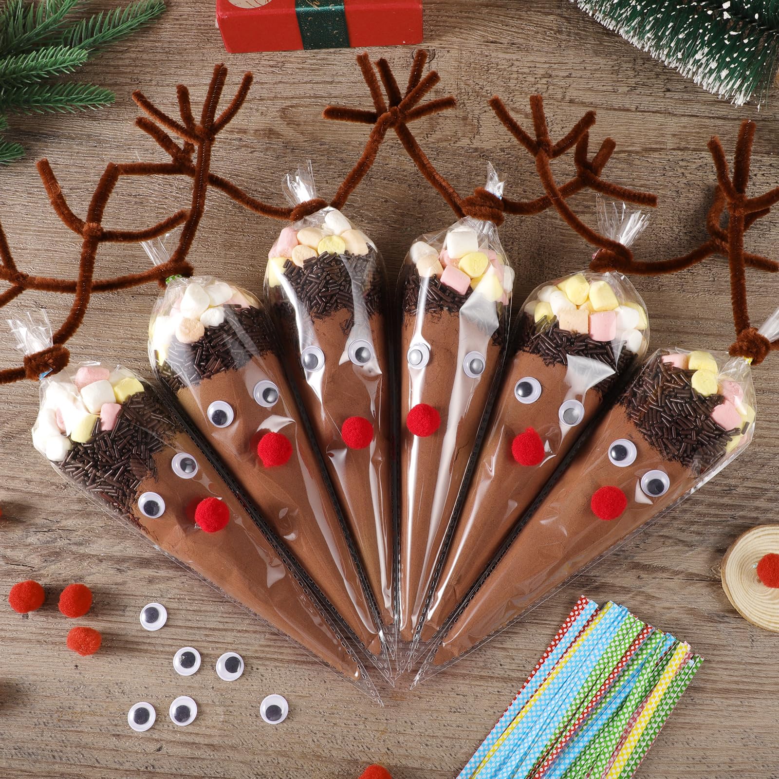 Lot de 100 Sachet Bonbon Transparent, Kit de Bricolage de Rennes pour Noël - Fil Chenille Marron, Pompons Moelleux, Yeux Mobiles, Bandes de Nouage, Sacs Cellophane Cône pour Cadeaux de Noël