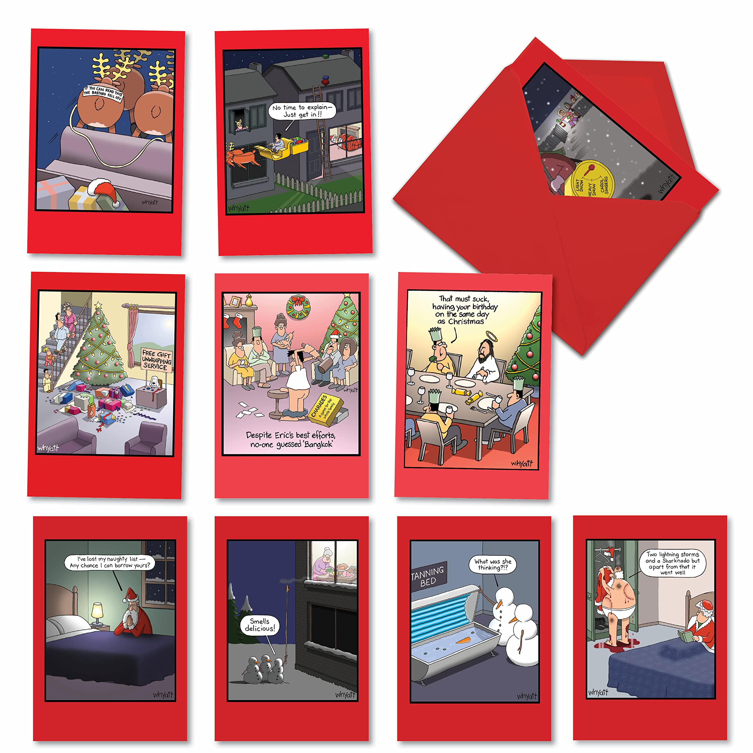10 Assorted 'Whyatt's World Christmas' Boxed Funny Christmas Cards with Envelopes - Featuring a Variety of Tim Whyatt's Best Art Work - Merry Xmas, Happy Holidays and Seasons Greetings A5635XSG-B1x10