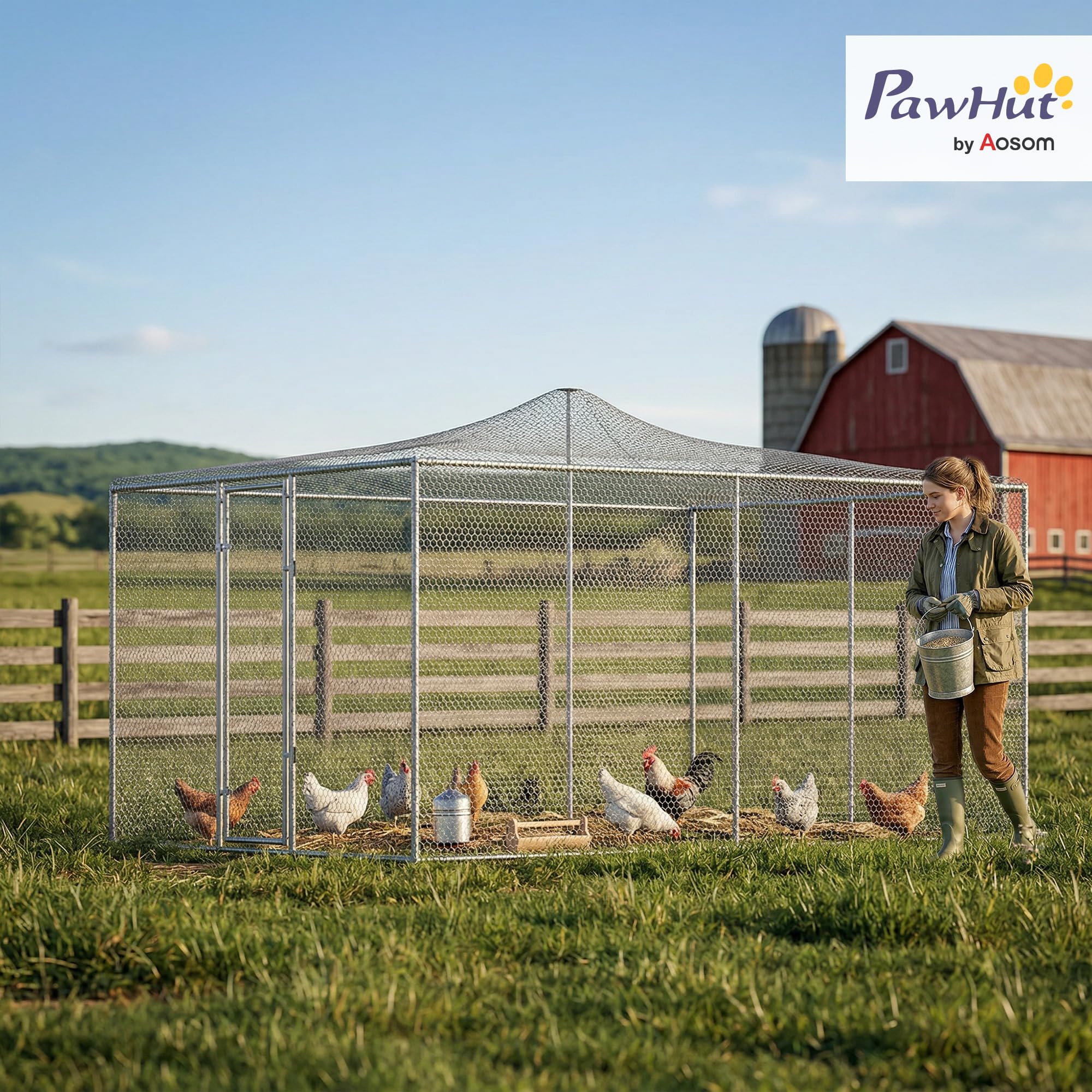 PawHut Pollaio per Galline da Esterno, 4x3x2 m 12m² Grande Recinto per 12-18 Galline in Acciaio Zincato con Porta e Doppi Serratura, Resistente, Gabbia per Polli, Piccoli Animali, Conigli, Anatre, Oca