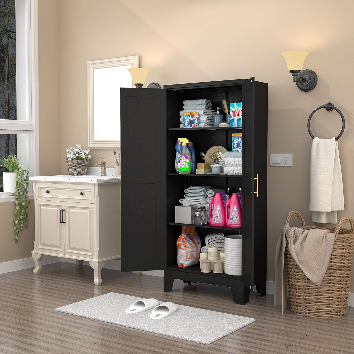 Pantry Cabinet with Doors and Adjustable Shelves, Metal Kitchen Storage cabinets with Gold Handles,61" Storage for Pantries,Dinning Room,Laundry Room,Living Room,Bathroom