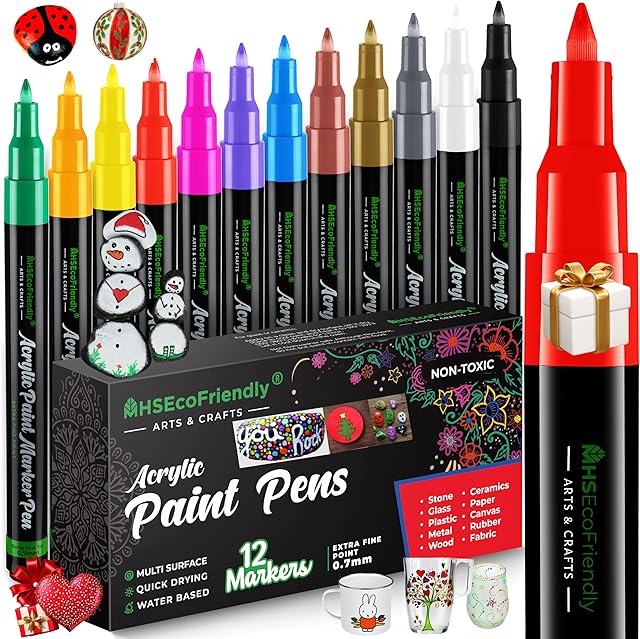 MHSEcoFriendly Acrylic Paint Pens for Rock Painting, Stone, Pebbles, Glass, Ceramic, Wood & DIY Mug Design. Set of Premium Quality 12 Acrylic Paint Markers Extra-Fine Tip 0.7mm