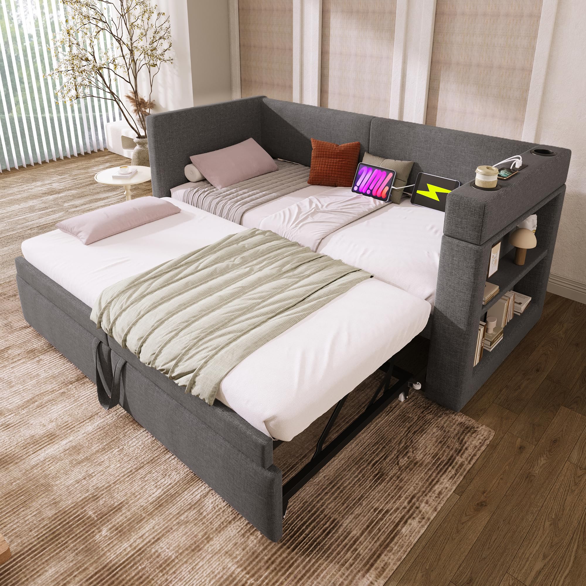 Polsterbett Ausziehbares Schlafsofa 90/180 x 200 cm, Einzelbett Daybett mit USB Type-C Ladefunktion, Armlehnen mit Getränkehalter und Regal, Leinen, ohne Matratze, Dunkelgrau
