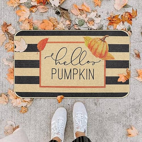 Miniatura 7 de Erweicet Tapete de arce con texto en inglés "Fall Hello Pumpkin", diseño de arce y calabaza, para Acción de Gracias, para puerta delantera, otoño,