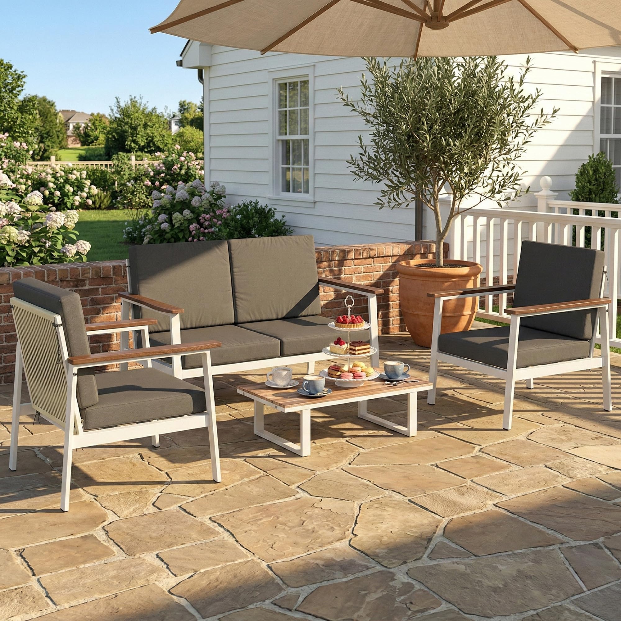 Outsunny Set Salotto da Giardino 4 Pezzi, Set di Mobili da Giardino in Legno di Acacia e Metallo con Divano 2 Posti, 2 Poltrone, Tavolino, Cuscini, Schienale Intrecciato, Salottino da Esterno, Grigio