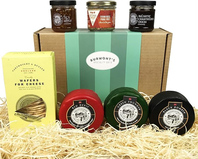 Snowdonia Cheese Company Gift Hamper Containing Three, 200g Truckles, Chutneys, Farmhouse Pate & Wafers for Cheese. Hamper Exclusive to Burmont's