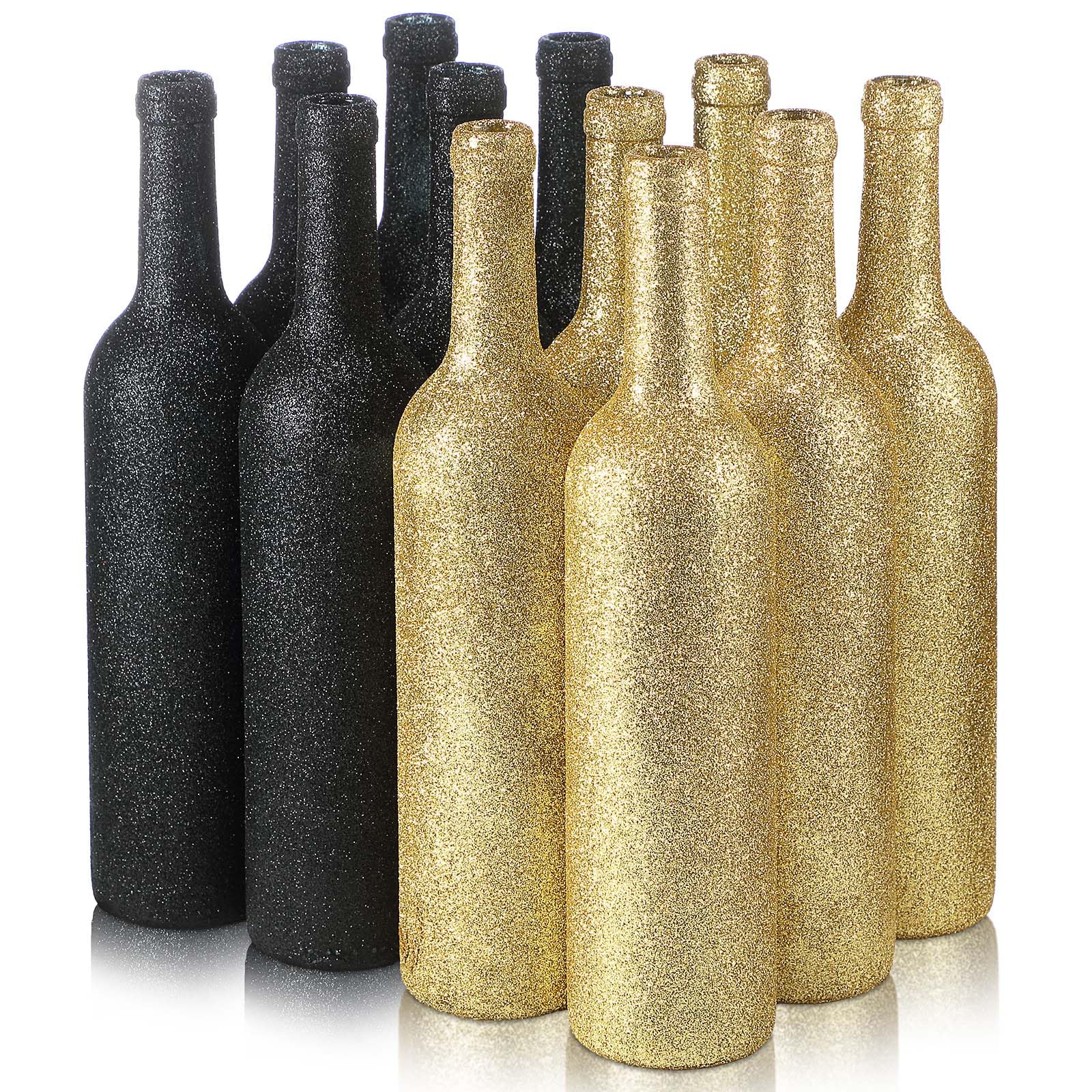 Sliner 12 Pcs Wine Bottles Glass 750ml Glitter Wine Bottles Vintage Bottles Vase for Flowers Wedding Decor Centerpiece Christmas Party Favor DIY Crafts(Black, Gold)