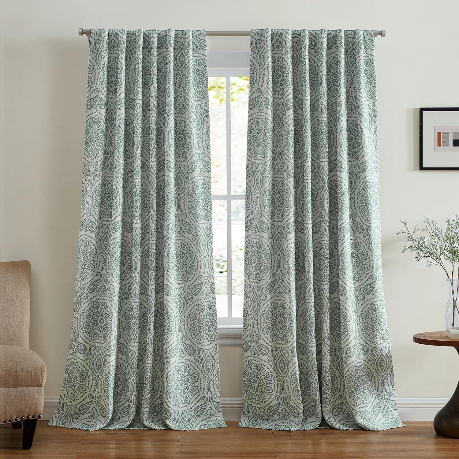 Elrene Home Fashions Giovanni Medallion Block Print Linen Blend Blackout Lined Window Curtain Panel, 52"x95", Sage