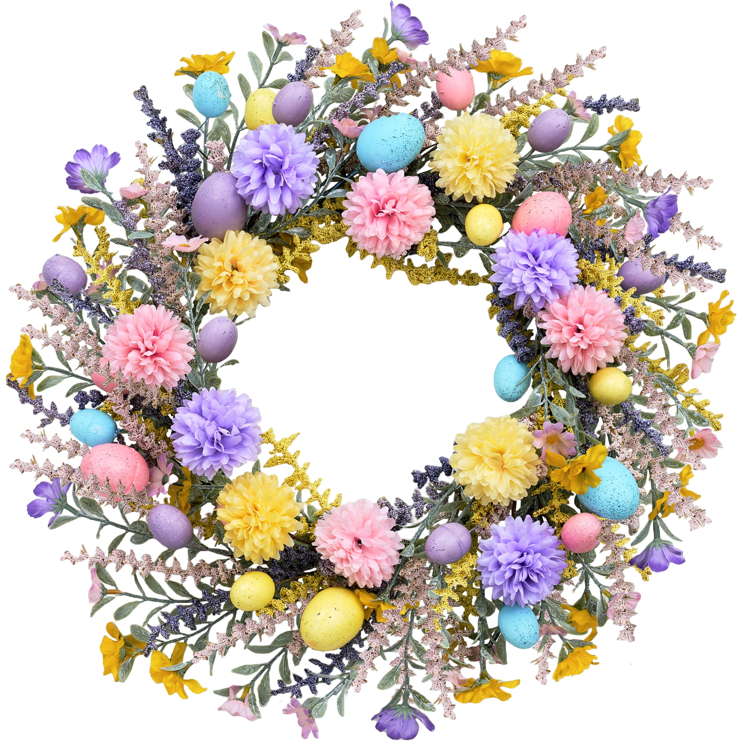 Easter Wreath 20 Inch Easter Wreaths for Front Door with Colorful Eggs Yellow Daisy Purple Lavender and Green Leaves Egg Wreath for Porch Window Farmhouse and Party Decoration