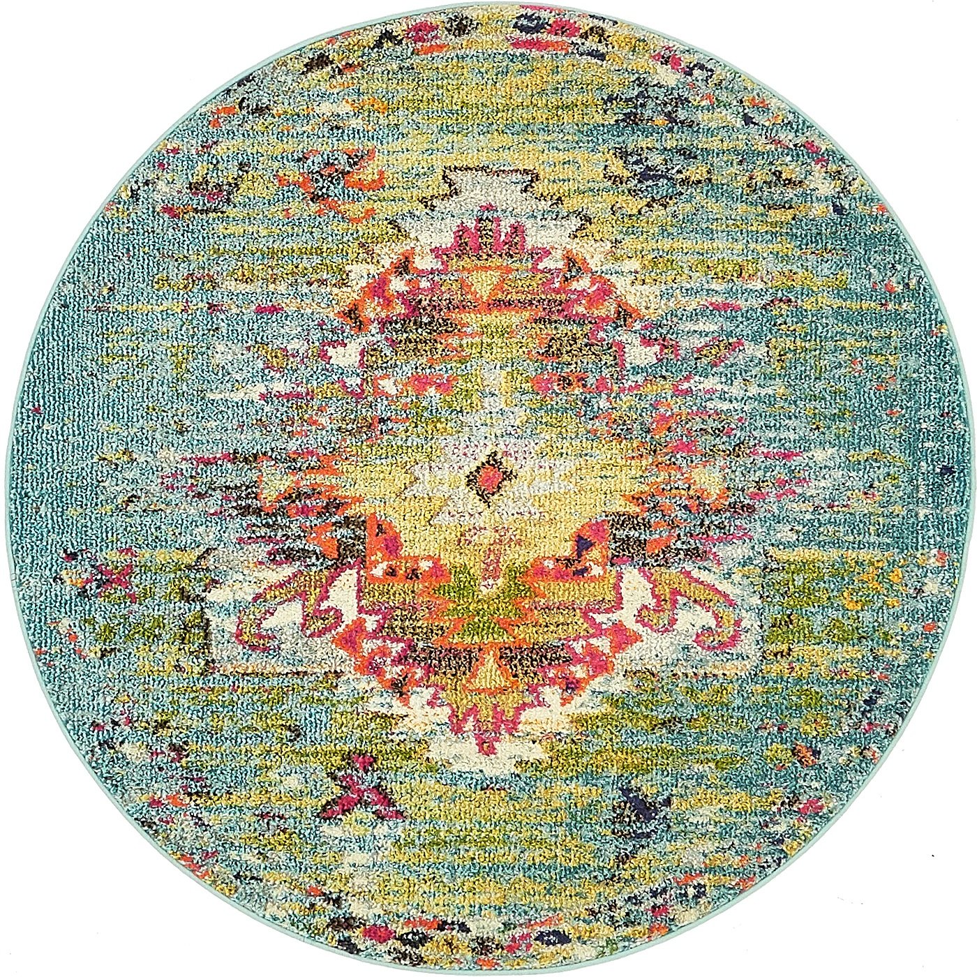 Unique Loom Vita Collection Over-Dyed Southwestern Tribal Vintage Area Rug, Round 4' 0" x 4' 0", Turquoise/Yellow