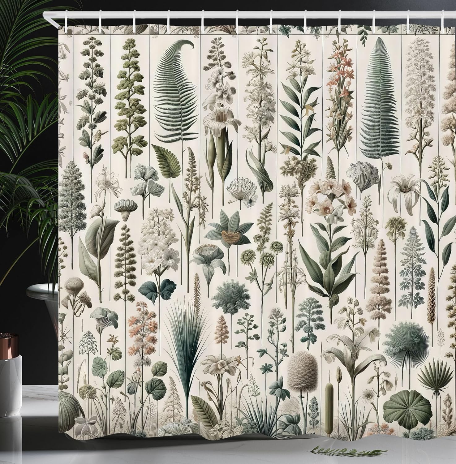 Ambesonne Neutral Shower Curtain, Exotic Botanical Illustration of Leaves Pastel Tones Ferns and Palms, Cloth Fabric Bathroom Decor Set with Hooks, 69" W x 70" L, Pale Reseda Green Coconut