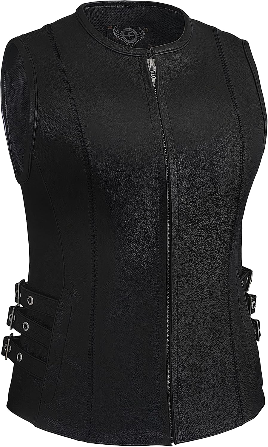 True Element Women's Zipper Front Quality Motorcycle Leather Vest for Female Biker's (Black, Sizes XS-3XL)