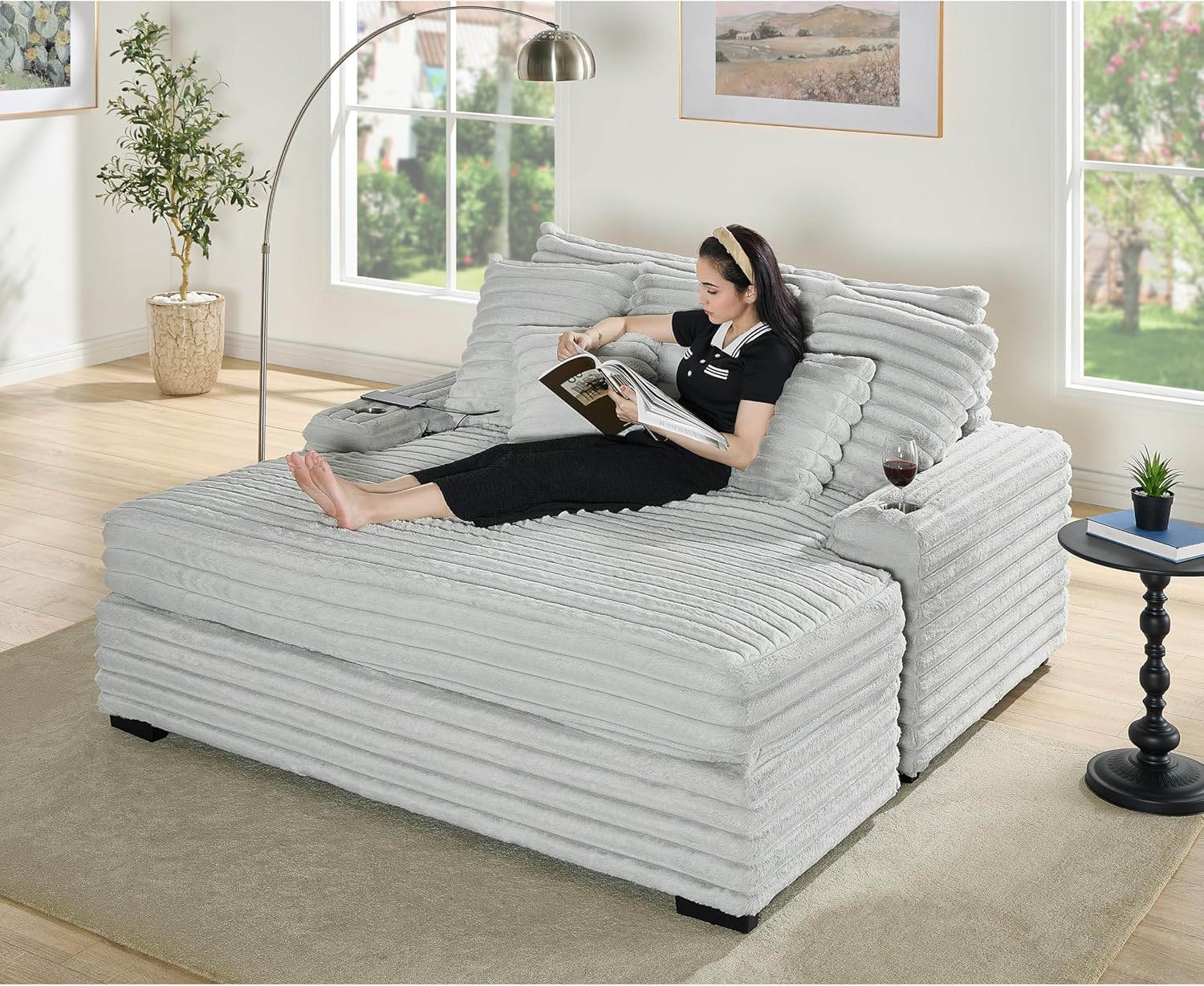 67" Oversized Chaise Lounge Chair Indoor Cozy Cloud Couch, Extra Deep Seat Fluffy Corduroy Upholstered Sectional Loveseat Sofa Bed Daybed with 7 Throw Pillows, USB Ports and Cupholders for Living Room