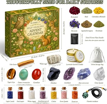 Crystal Advent Calendar 2025, 24 Days Christmas Countdown Calendar with Natural Healing Crystals Set, Christmas and Birthday Surprise Gifts for Adults, Women, Men