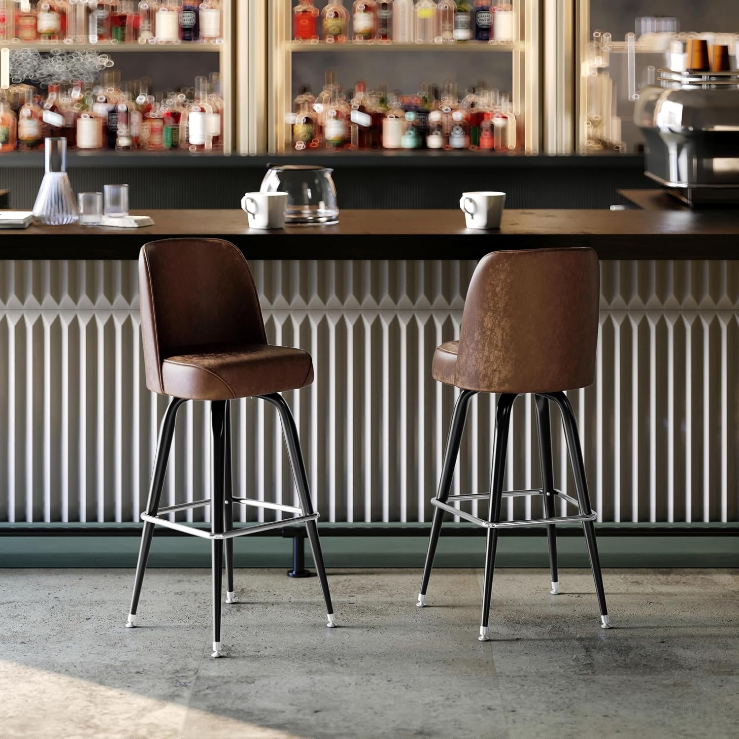 Flash Furniture James Commercial Grade Metal Barstool with Swivel Bucket Seat, Vinyl Upholstered Seat, Tubular Footrest, Weathered Brown