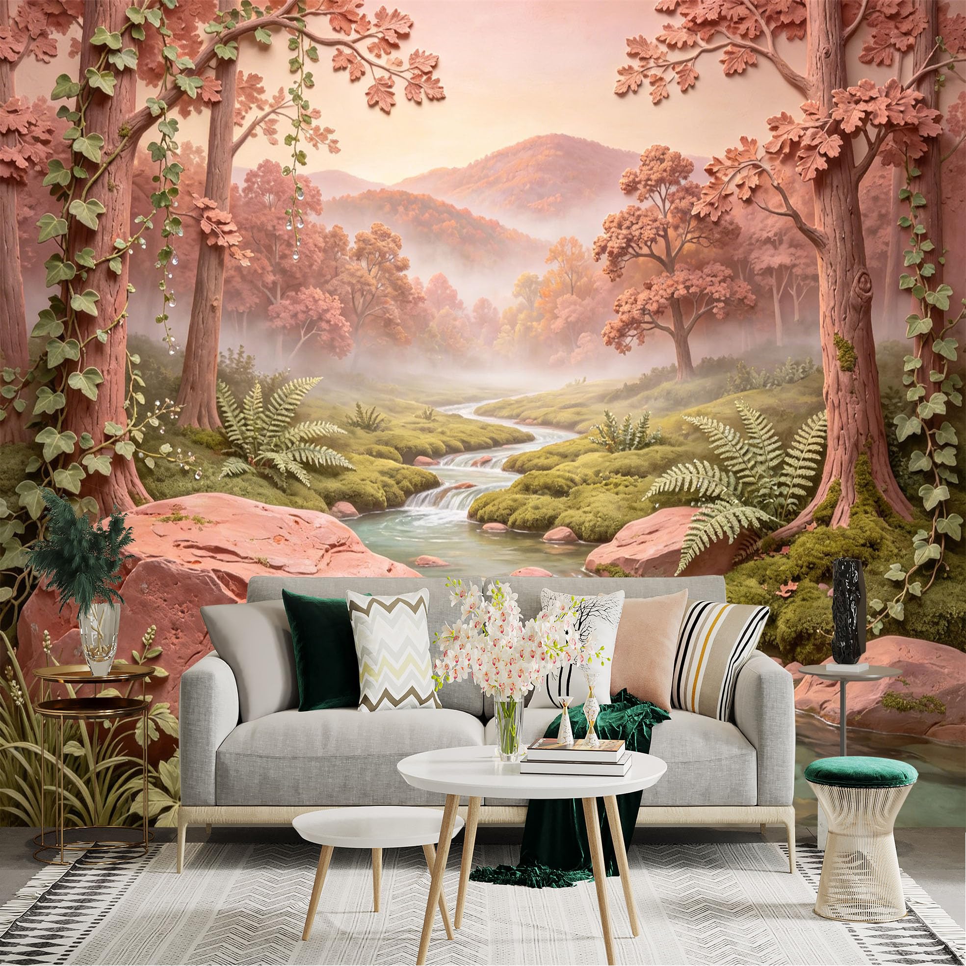 Custom Size Wall Sticker Mural， Misty Forest with Stream， Mountains and Autumn Trees， for wall Decoration， peelandstick wall Decals.