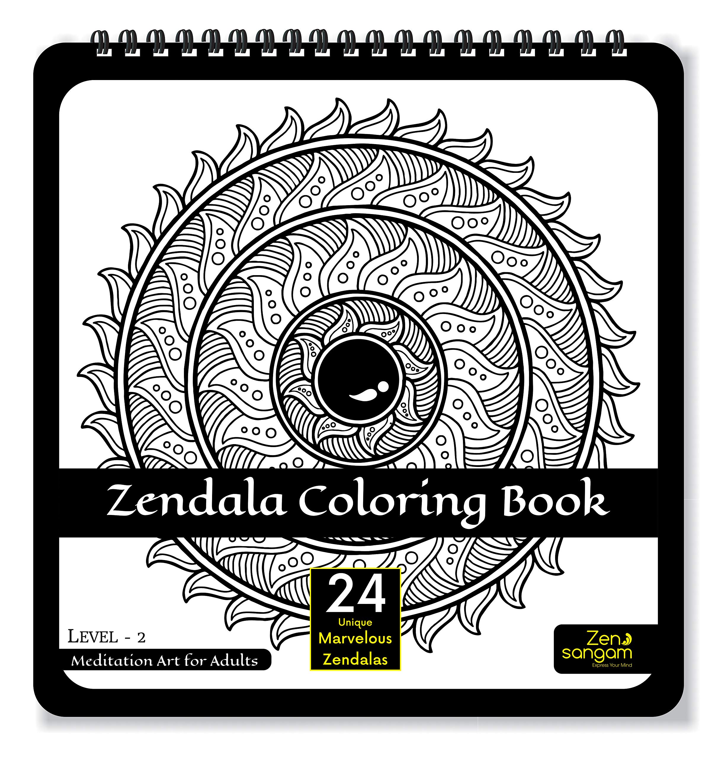 Zen SANGAM Zendala Colouring Books for Adults - Zentangle + Mandala - Mindful Designs - Coloring, Drawing, Painting - Instant Stress Relief and Relaxation - Level 2