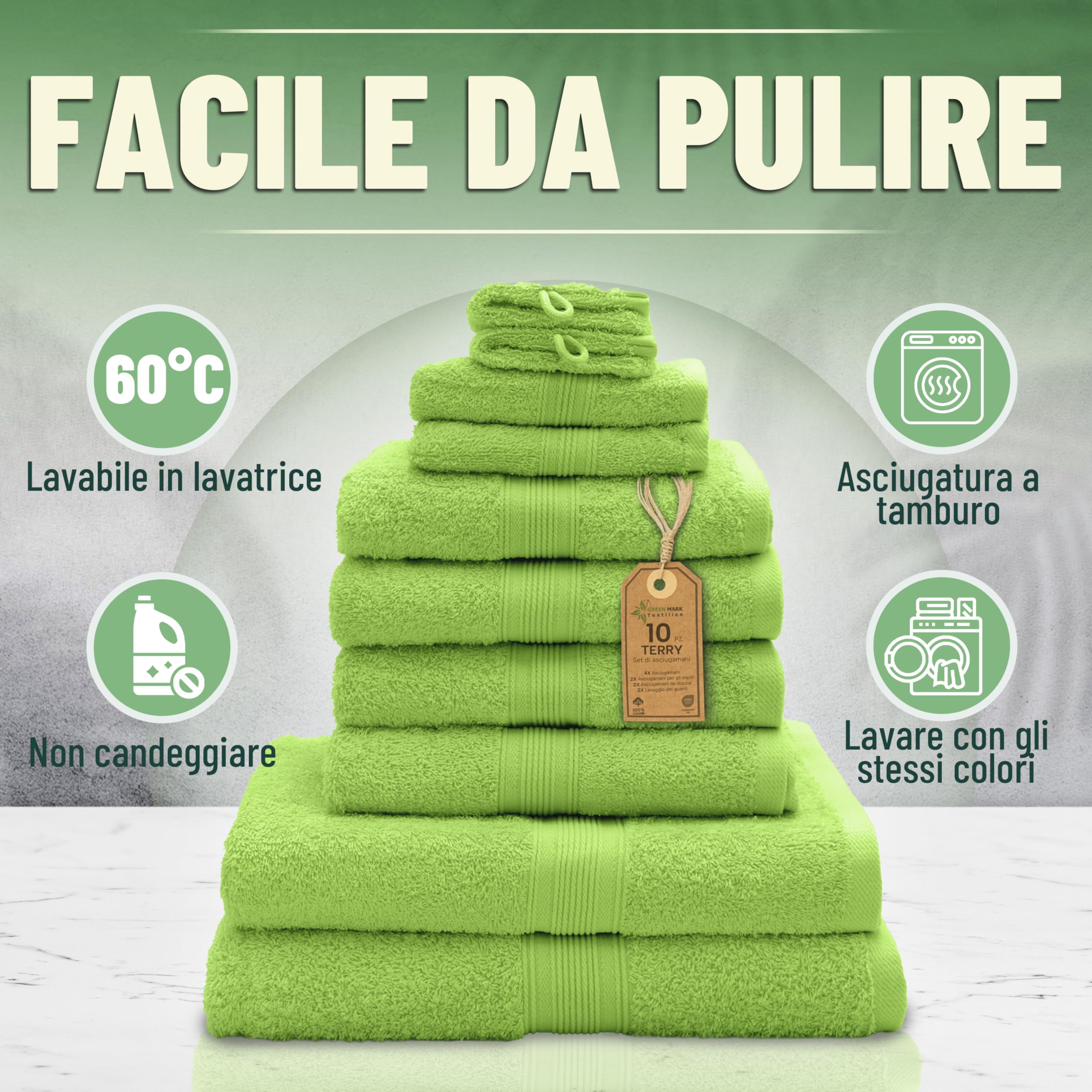 GREEN MARK Set di 10 asciugamani in 100% cotone – 4 asciugamani per mani 50×100, 2 asciugamani grandi da doccia 70×140, 2 asciugamani per ospiti 30×50, 2 guanti da bagno – Verde Mela