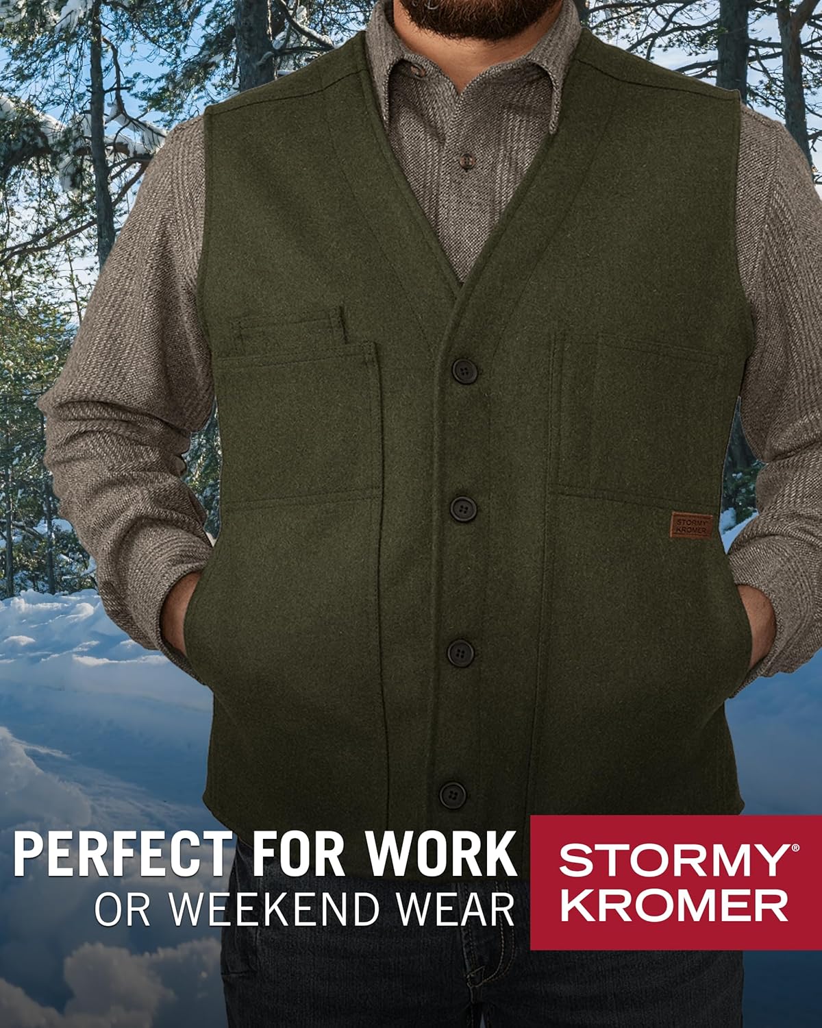 Stormy Kromer The Button Vest, 100% Virgin Wool, 5 Pockets, 4-Button Front, Unlined, Vintage Look, Cut and Sewn in the USA