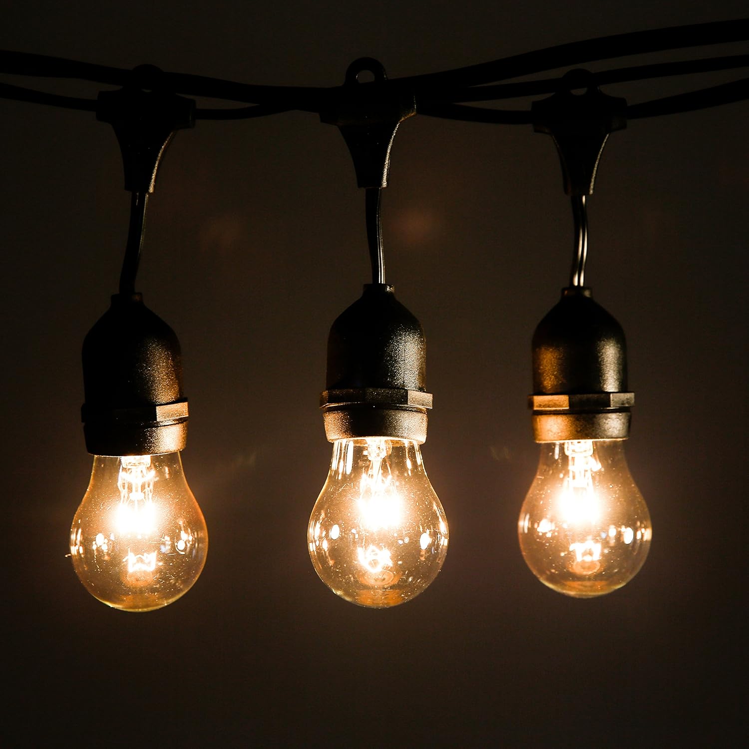 Outdoor commercial 50 ft string lights with suspended sockets, 25 clear A15 bulbs