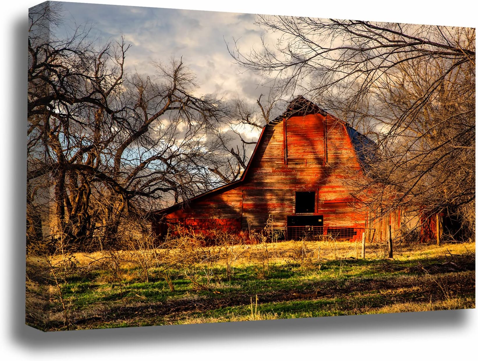 Country Canvas Wall Art (Ready to Hang) Gallery Wrap of Rustic Red Barn on Autumn Evening in Oklahoma Farm Photography Farmhouse Decor (.75, 8" x 10")
