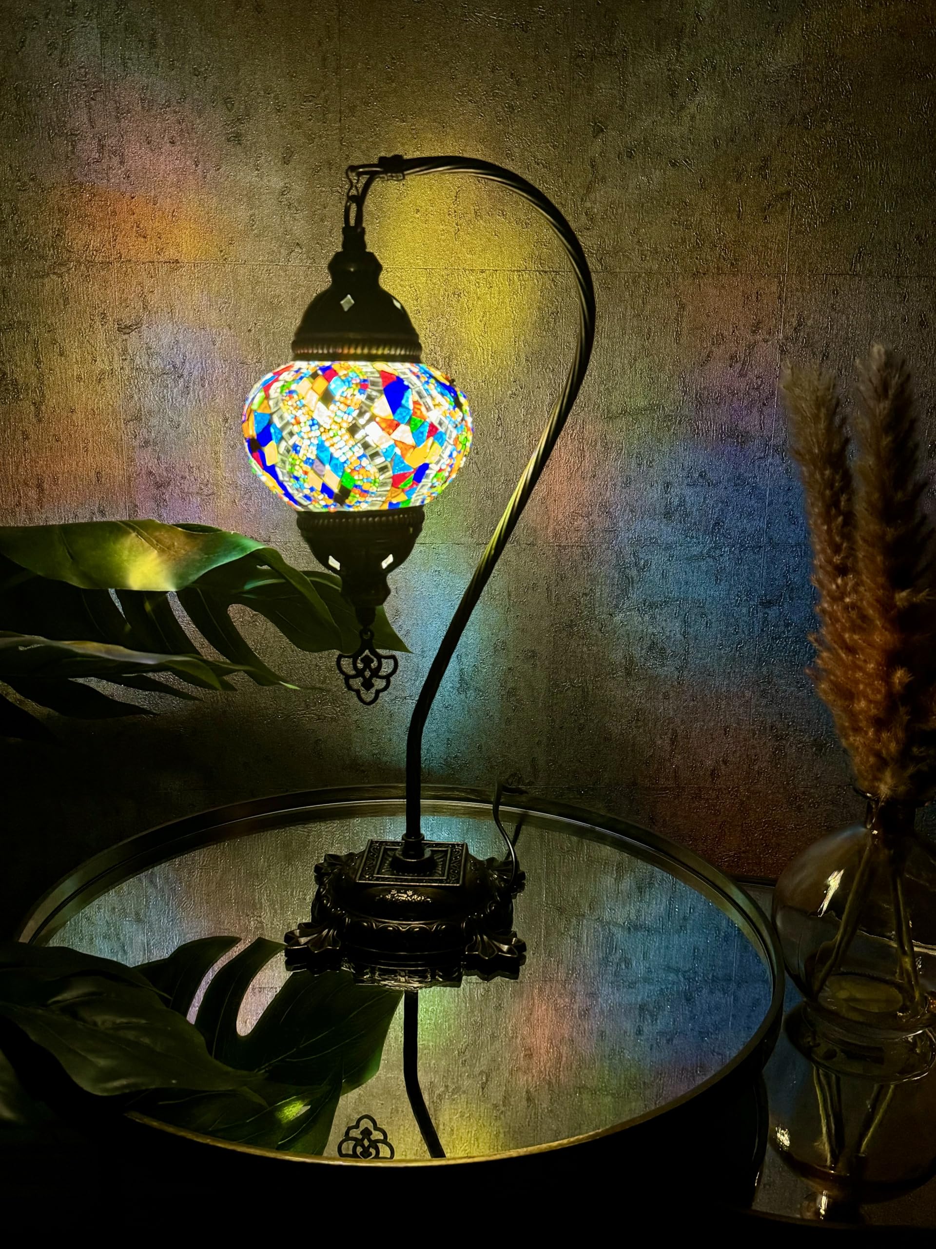 Lightza Handmade Turkish Moroccan Mosaic Desk Lamp LED Bulb | Swan Neck Unique Globe Lampshade Table Light | UK Tested Safe Energy Efficient (White & Multi Color Big Globe) — image 1