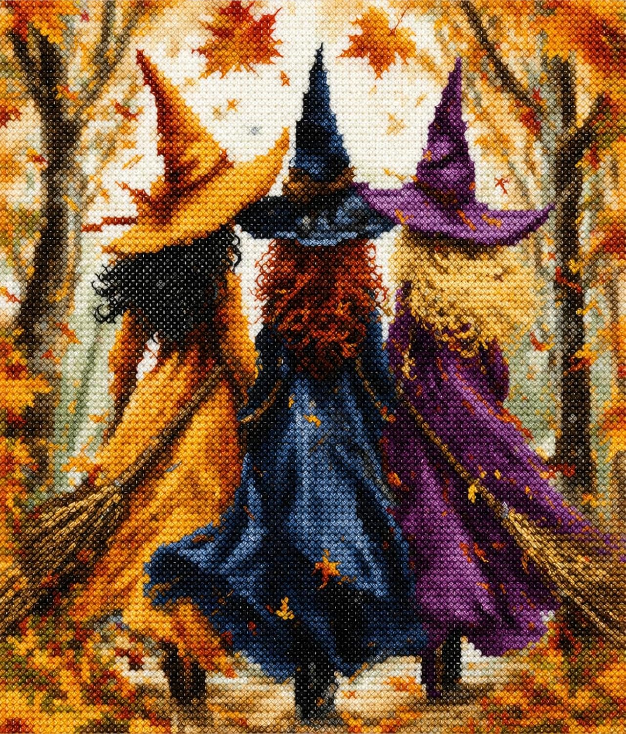 Whaline Halloween Fall Cross Stitch Kit, Witch Forest, 15.7 x 19.7 Inch