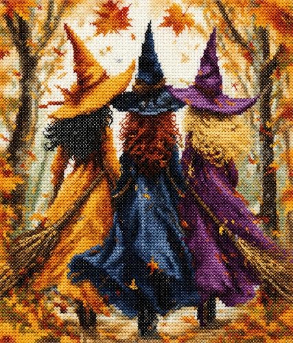 Whaline Halloween Fall Cross Stitch Kit, Witch Forest, 15.7 x