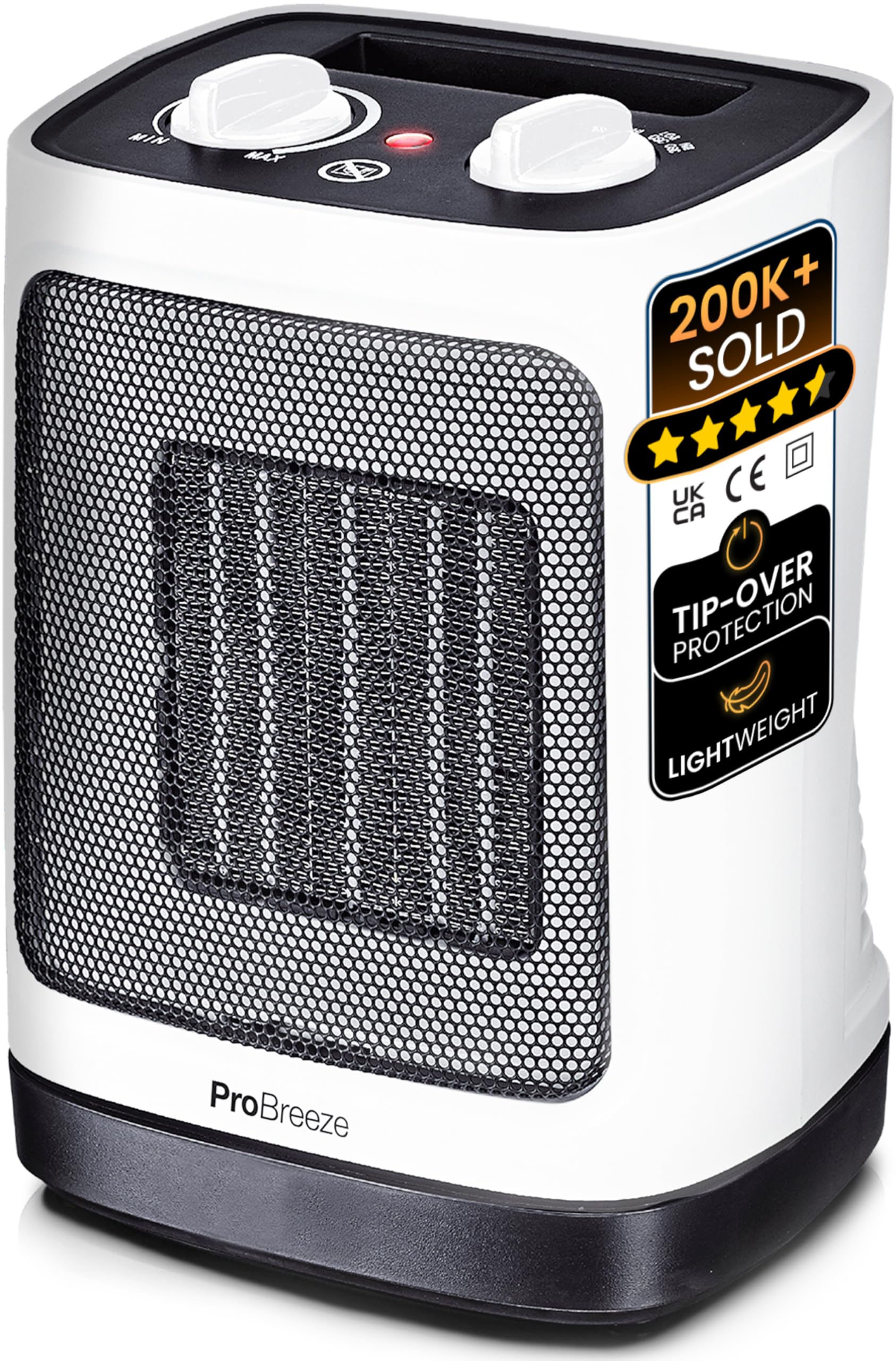 Pro Breeze 2000W Mini Ceramic Fan Heater - 3 Heat Settings & Fan Only Mode with Built-in Overheat and Tip Over Protection, Electric Heater for Home, Office and Bedroom (White)