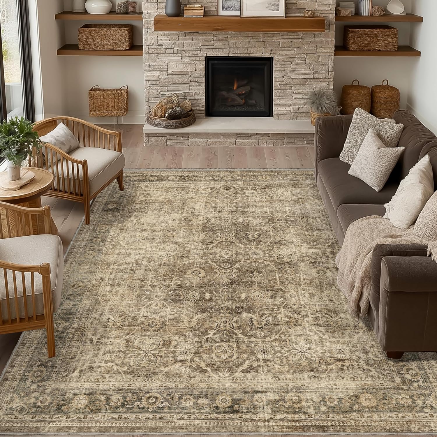 FMFUNCTEX 9x12 Washable Area Rug Brown Vintage Neutral Distressed Large Non Slip Carpet for Living Room Bedroom Soft Low Pile Indoor Mat Retro Floral Throw Rug for Dining Room Kitchen Office Nursery Brown 9' x 12' (Rectangular)