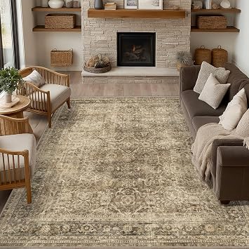 FMFUNCTEX 9x12 Washable Area Rug Brown Vintage Neutral Distressed Large Non Slip Carpet for Living Room Bedroom Soft Low Pile Indoor Mat Retro Floral Throw Rug for Dining Room Kitchen Office Nursery