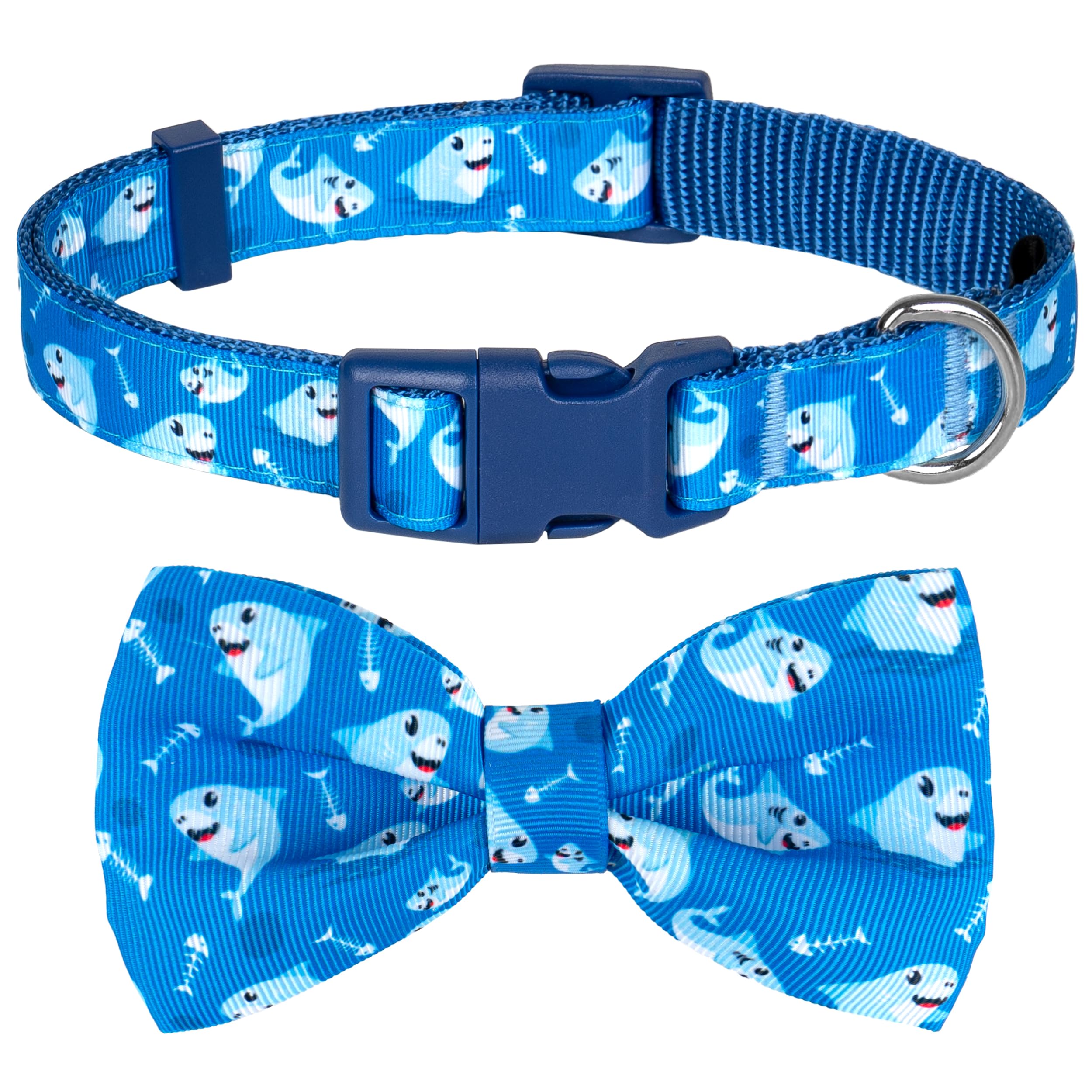 azuza Dog Collar with Bow Tie, Soft and Comfortable Adjustable Bowtie Dog Collar for Small Dogs (S, Shark)