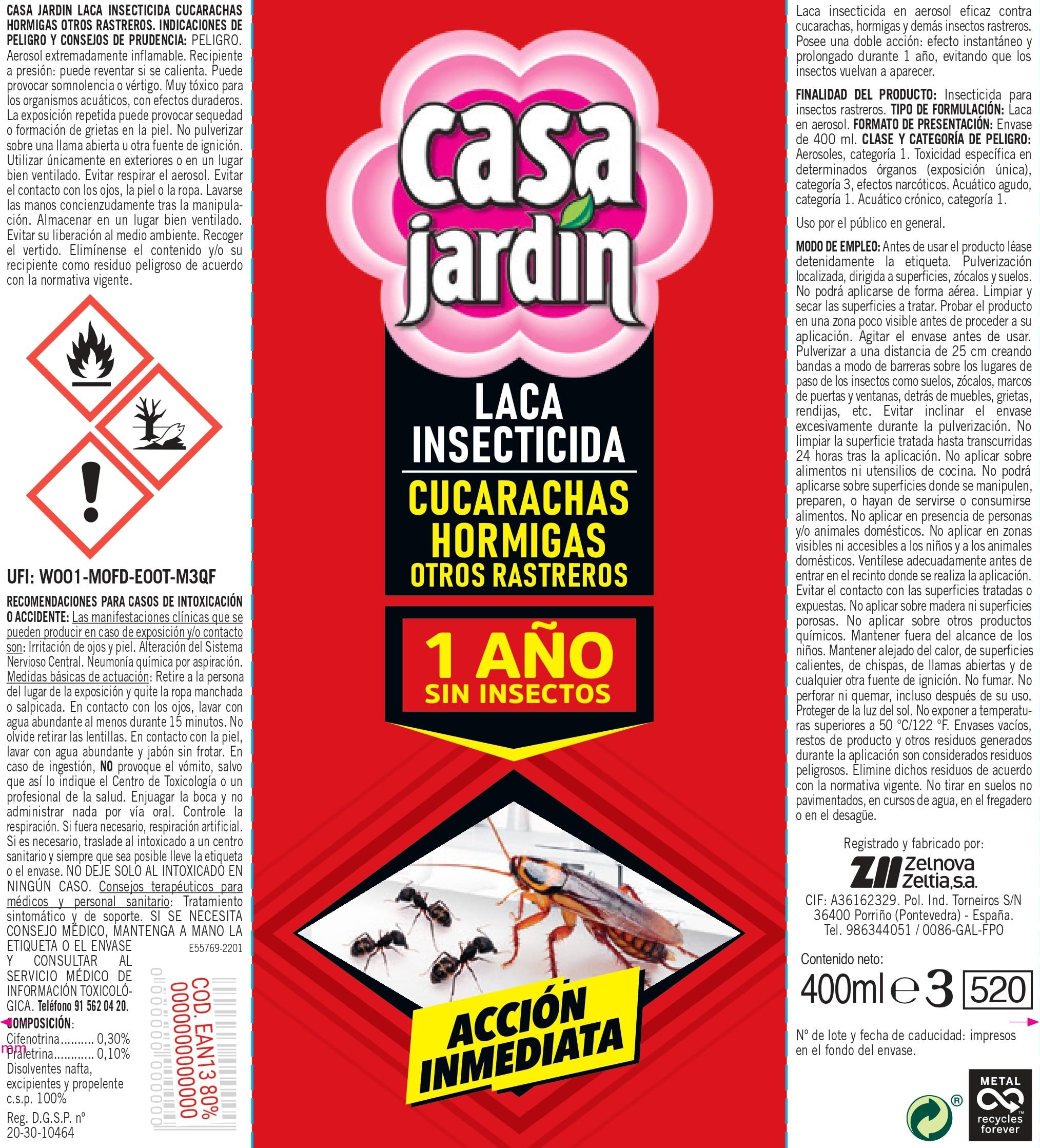 CASA JARDIN | Aerosol Insecticida | Spray con Acción Inmediata y Efecto Duradero | Cucarachas, Hormigas y Otros Rastreros | Hogar Libre de Insectos | 1 Año Sin Insectos | 400 ml
