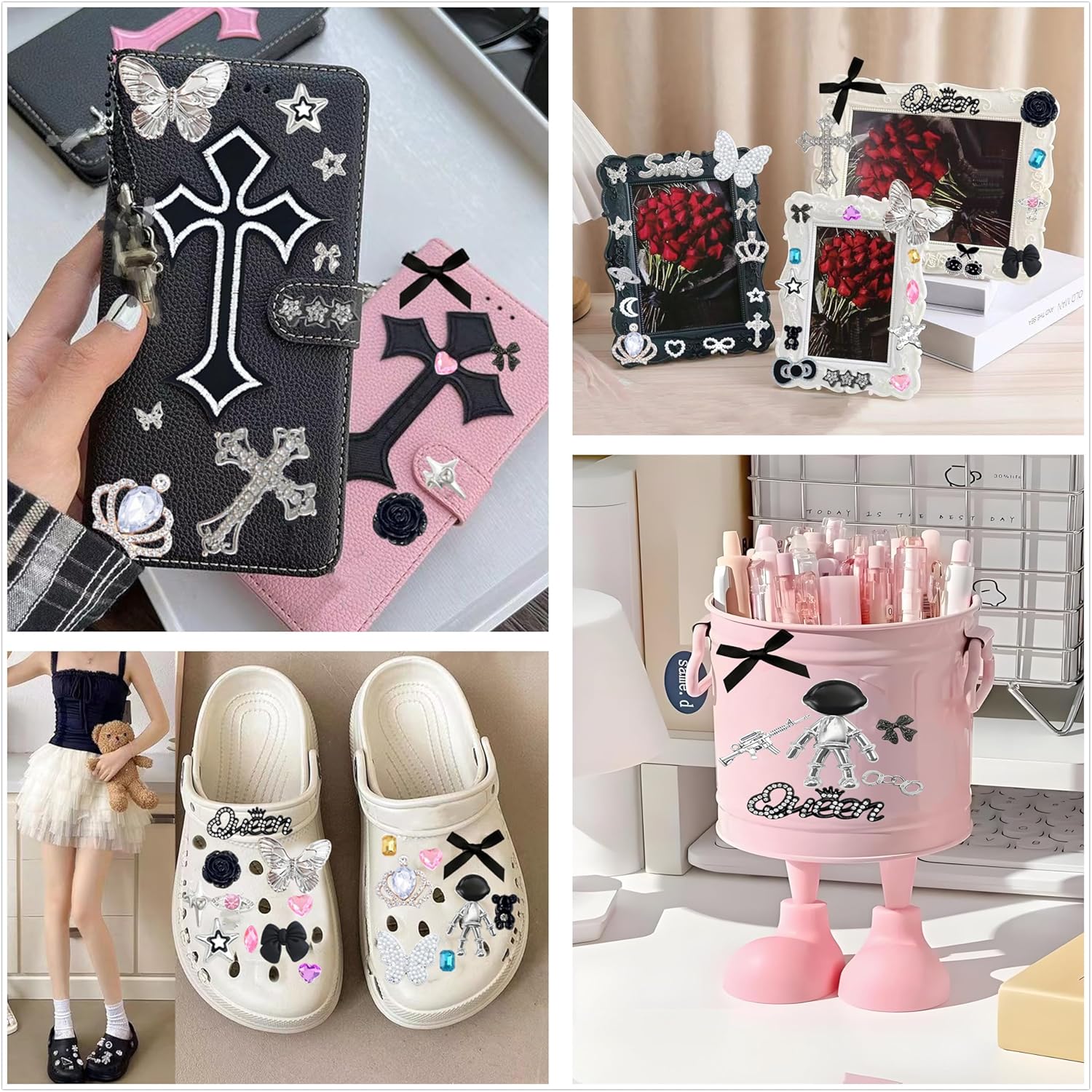 Junk Case Charms Kit,Black Junk Phone Case Charms Bedazzling Kit,Big Charm for Customizing Cases,Kawaii Bow, Nail Accessories, Flatback Pearls, Rhinestones,Aesthetic Decor for Personalization - Image 5