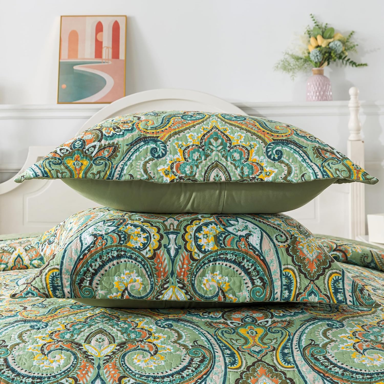King Size Quilt Set, Crown Green King Quilt 3 Pieces, Lightweight Cotton Bedspread, Soft Bedding Set for All Season, Reversible Coverlet Bedding Set, King Size 106"x98" - Image 6