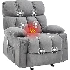 Phoenix Home Manual Recliner Chair with Massage and Heat Ergonomic Overstuffed Breathable Fabric Reclining Chair with 2 Side Pockets, 2 Cup Holders, Remote Control, Living Room, Bedroom, Gray