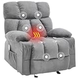 Massage Rocker Recliner Chair with Heat and Vibration Ergonomic Rocking Lounge Chair for Living Room Comfy Overstuffed Recliner with 4 Side Pockets&comma;2 Cup Holders&comma; USB Charge Port&comma; Grey