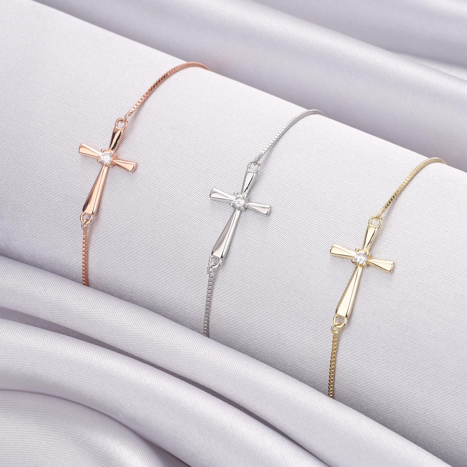 GAVU Slider Clasp 925 Sterling Silver Zirconia Cross Bracelet for Women, Dainty Sterling Silver Confirmation Bracelet - Image 5