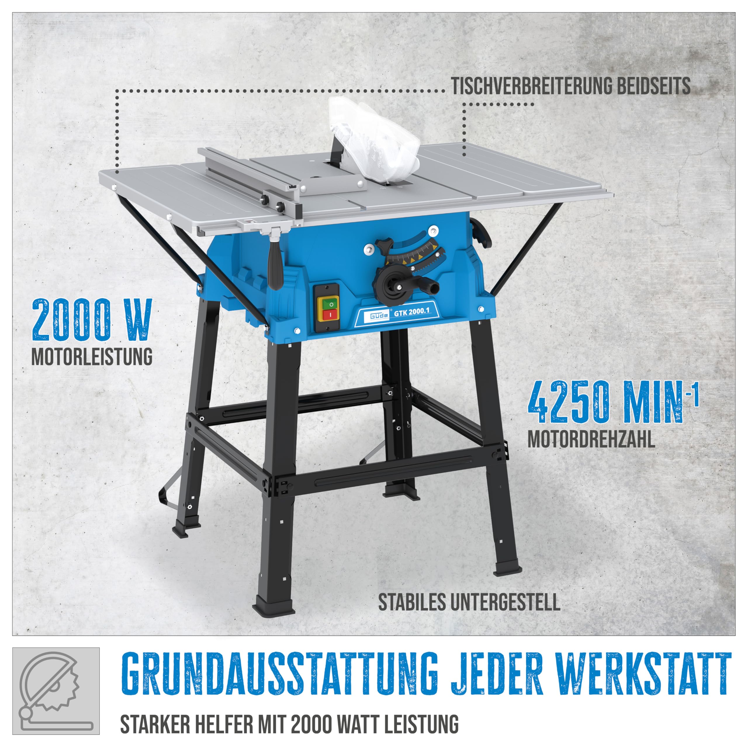 Güde GTK 2000.1 Tischkreissäge - 230 Volt, 2000 Watt, 4800 Umdrehungen pro Minute, Schnitthöhe 8,7 Zentimeter, 2 Stück Hartmetall-Sägeblätter 25 Zentimeter, Tisch 63 mal 54 Zentimeter, Absauganschluss