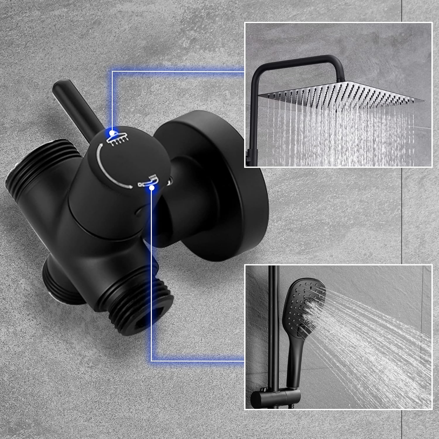 Vue détaillée du pommeau et du flexible de douche noir