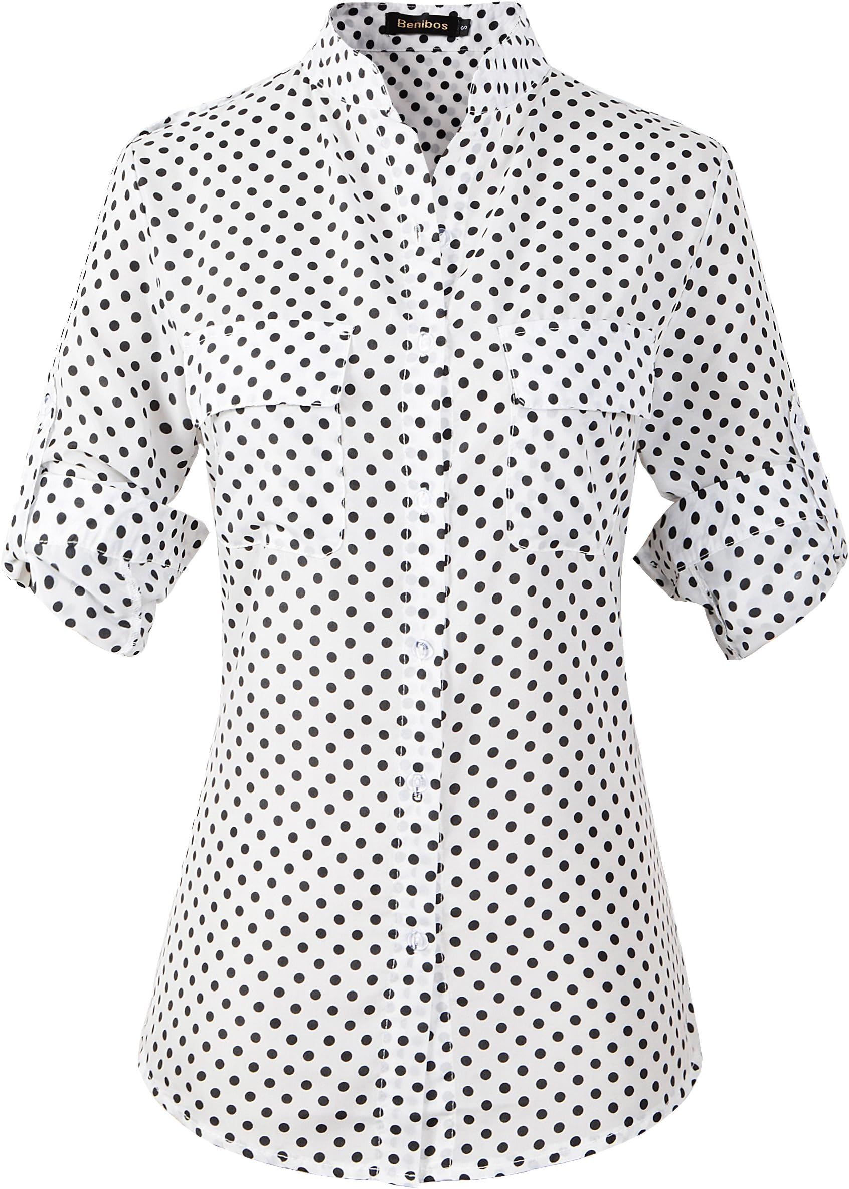 Beninos Women's Chiffon Casual Button Down Shirt Blouses White