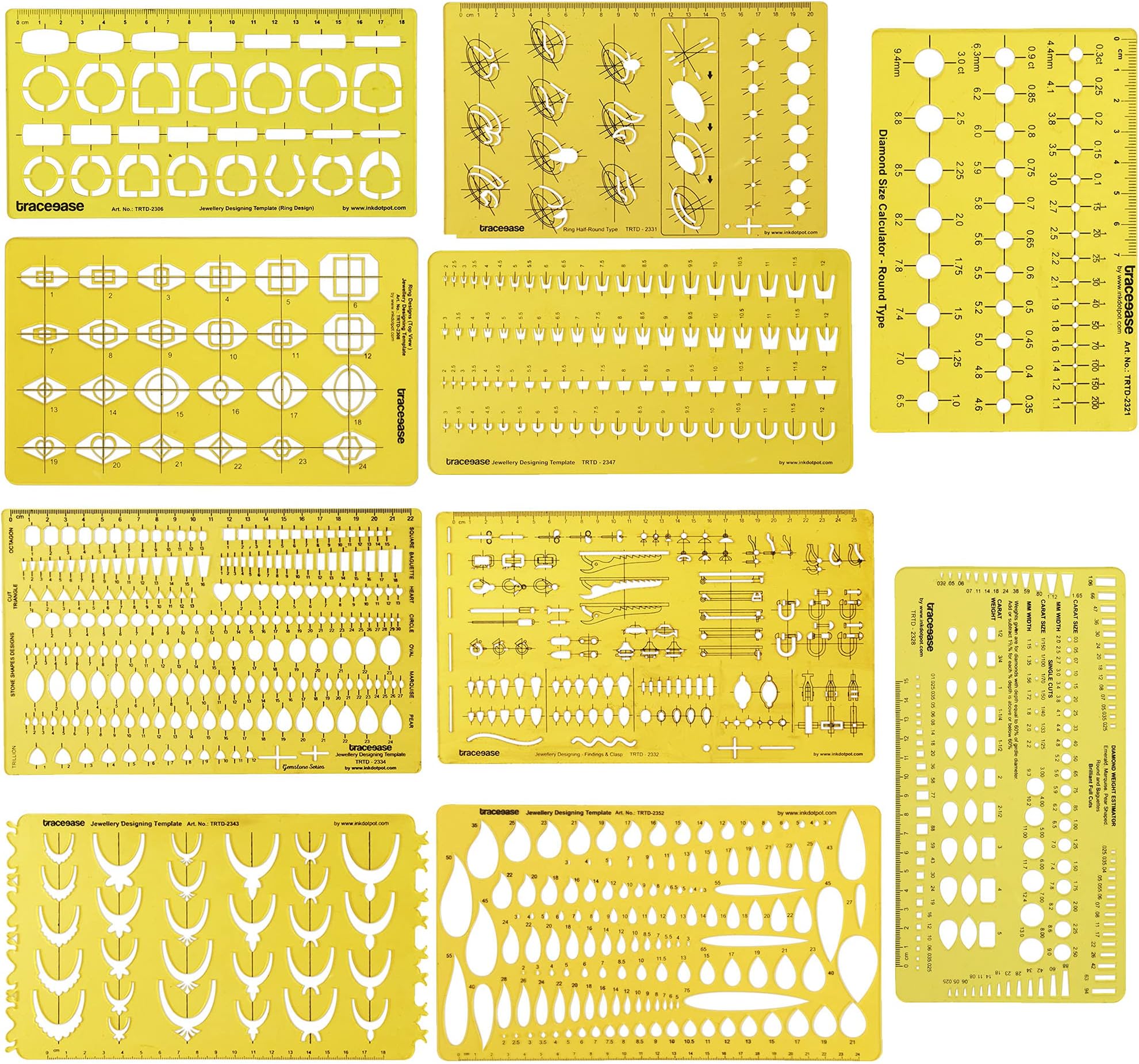 Traceease Multi,Pattern Jewelry Template for Rings- Stones- Diamond Size & Weight Estimator Drafting Tools Stencils- Pack of 10 Pieces